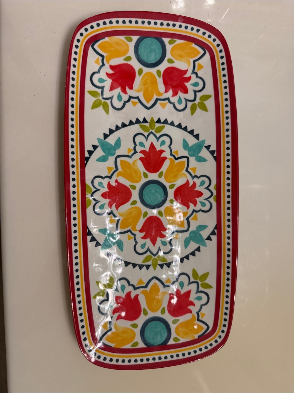 Colorful Floral Rectangular Serving Platter - Red, Yellow, Teal Design